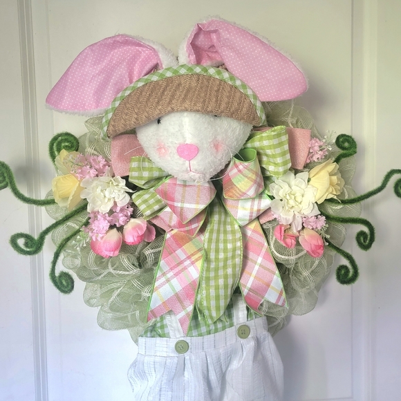 Spring Easter Bunny Rabbit Wreath  Farmhouse Cottage Traditional - Picture 2 of 11